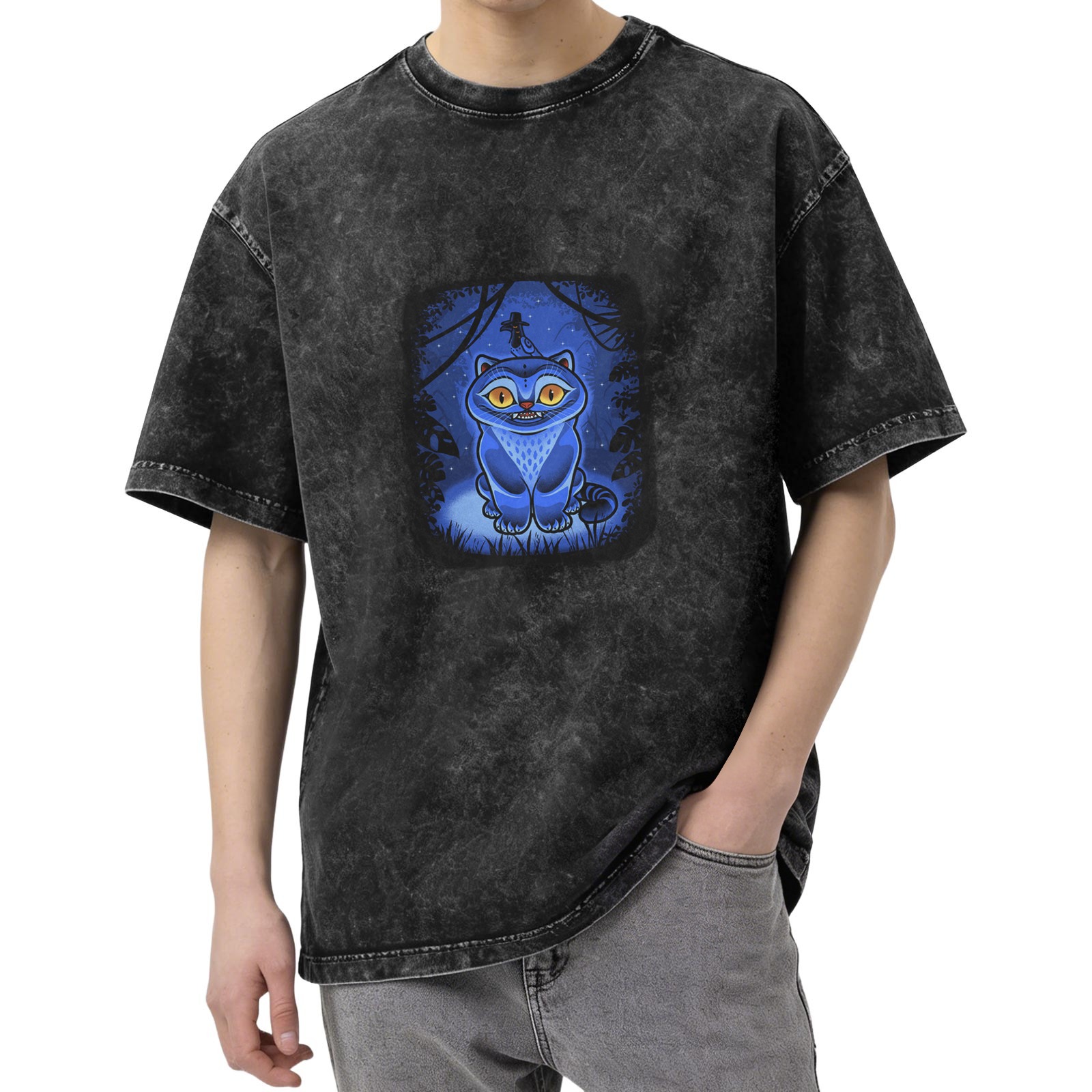 oversized black acid wash t-shirt with blue fantasy cat graphic