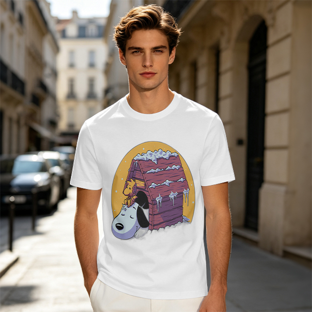 Olive T-shirt with Snoopy and Woodstock at snow-covered doghouse