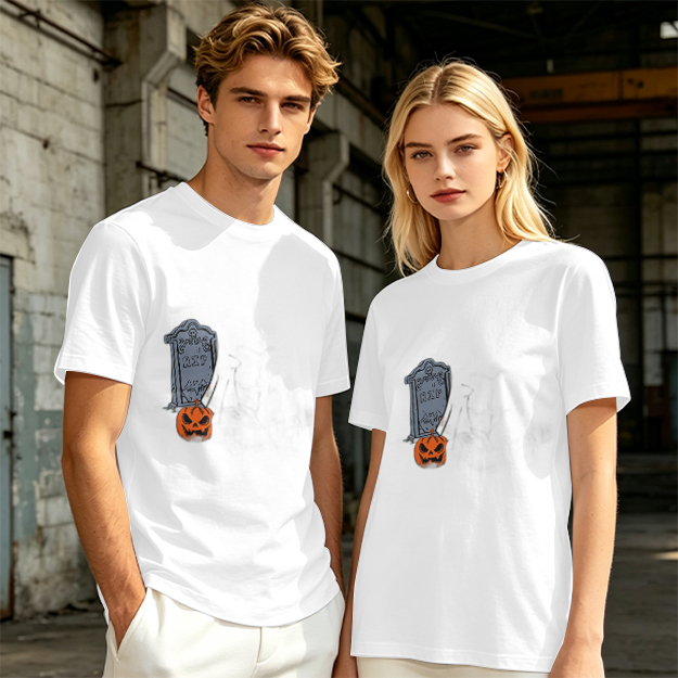 Olive Halloween Graphic T-Shirt with Tombstone and Jack-o'-Lantern