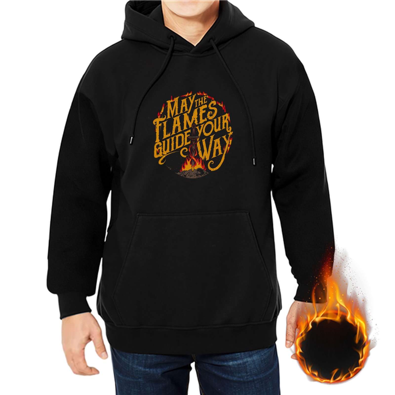 Black hoodie with 'May the flames guide your way' campfire graphic