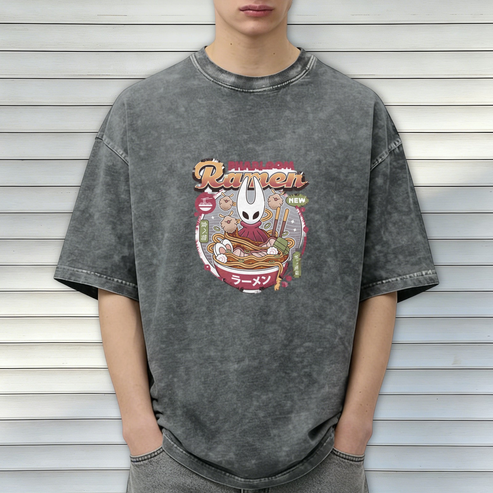 Oversized Acid Wash T-Shirt with Hollow Knight Ramen Graphic