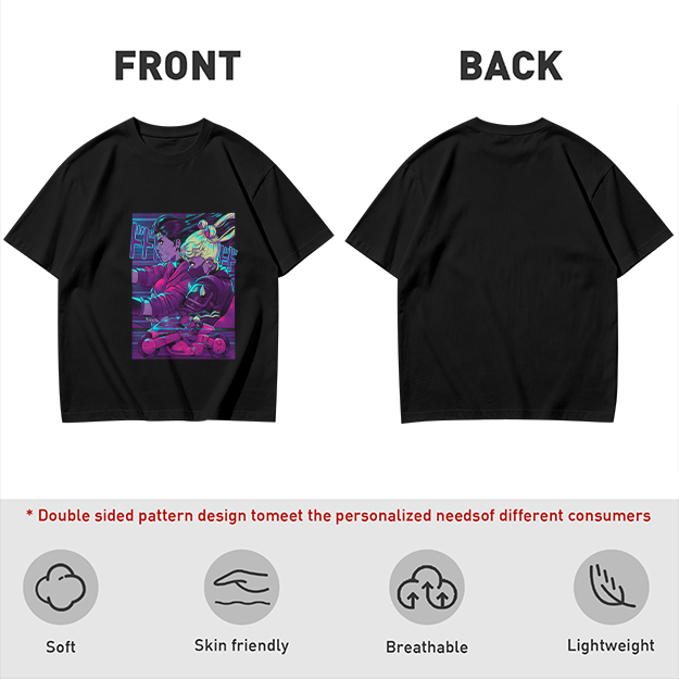 Olive T-shirt with Neon Cyberpunk Anime Character Print