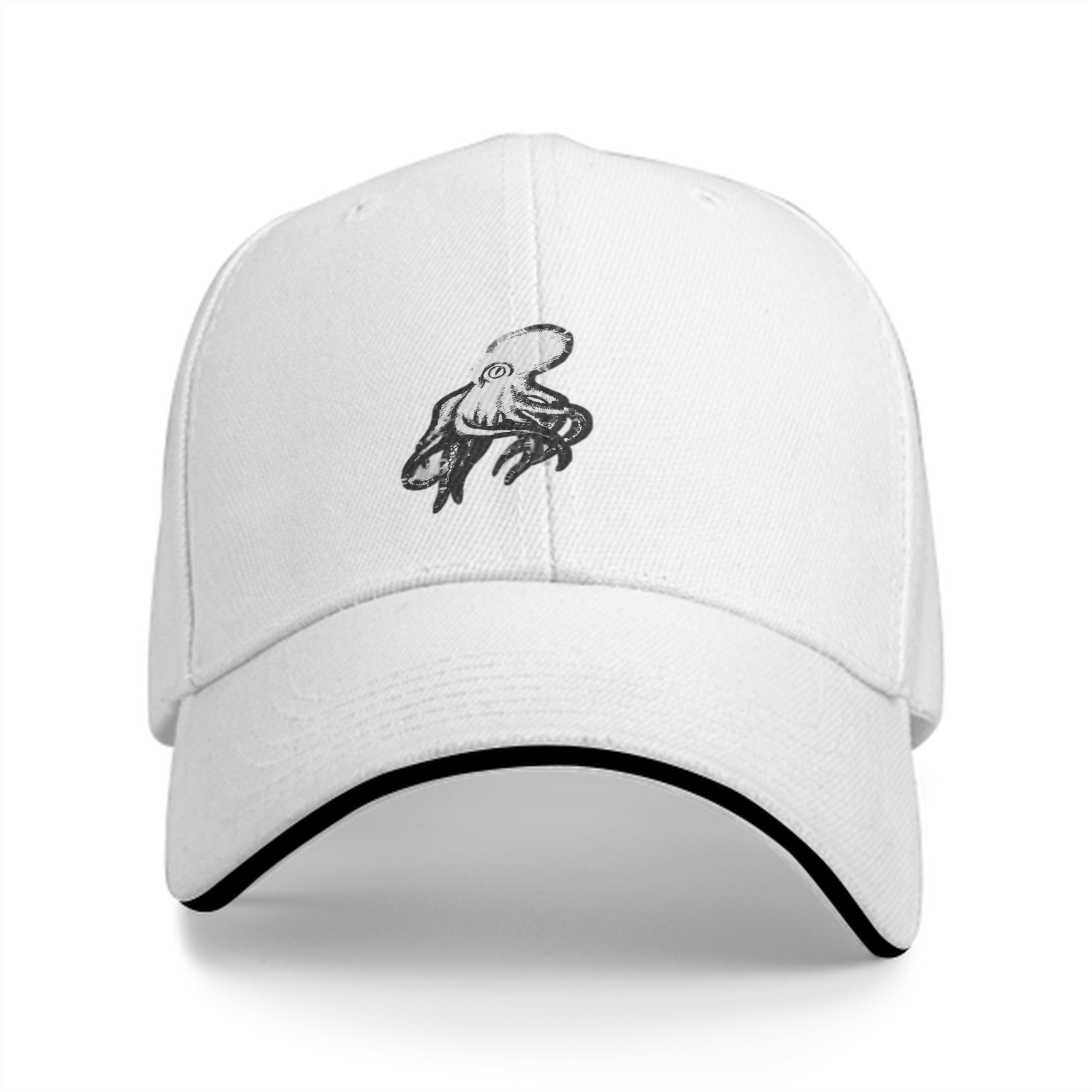 Black baseball cap with white octopus graphic design