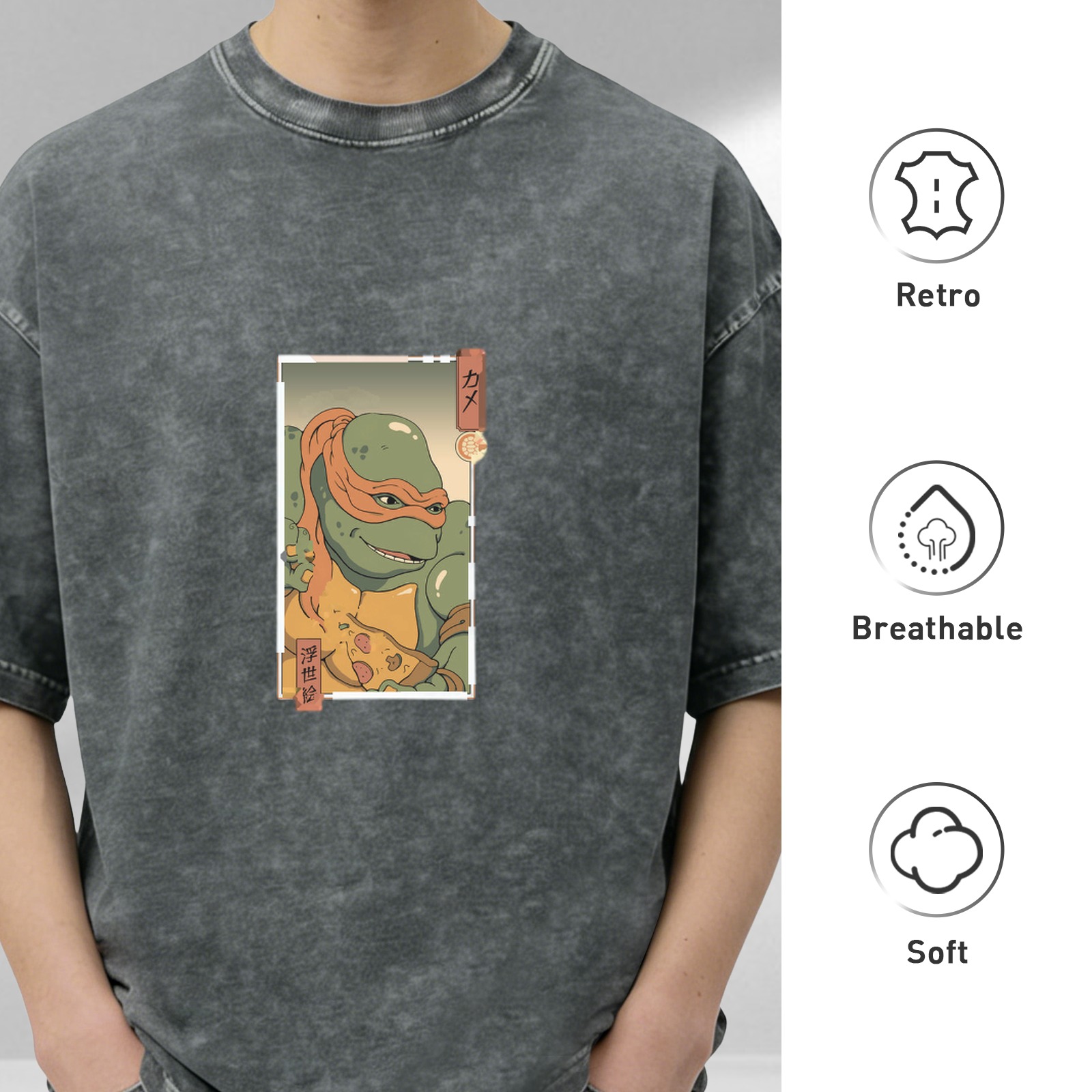 Washed Black Oversized T-Shirt with Ninja Turtle Pizza Japanese Art Print