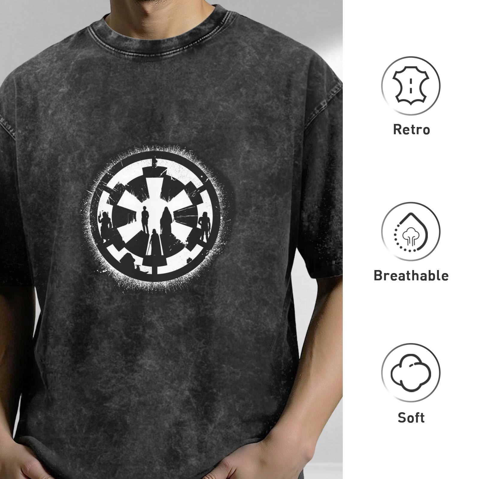 Distressed washed black round neck short-sleeved T-shirt Star Wars Galactic Empire logo themed print Loose casual top
