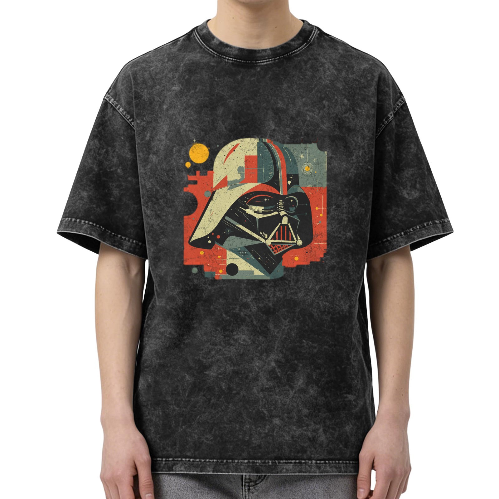 Washed Black T-Shirt with Retro Darth Vader Graphic