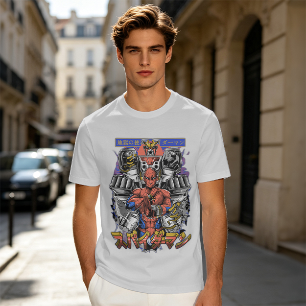 Olive T-shirt with Japanese Spider-Man Mech Graphic Print