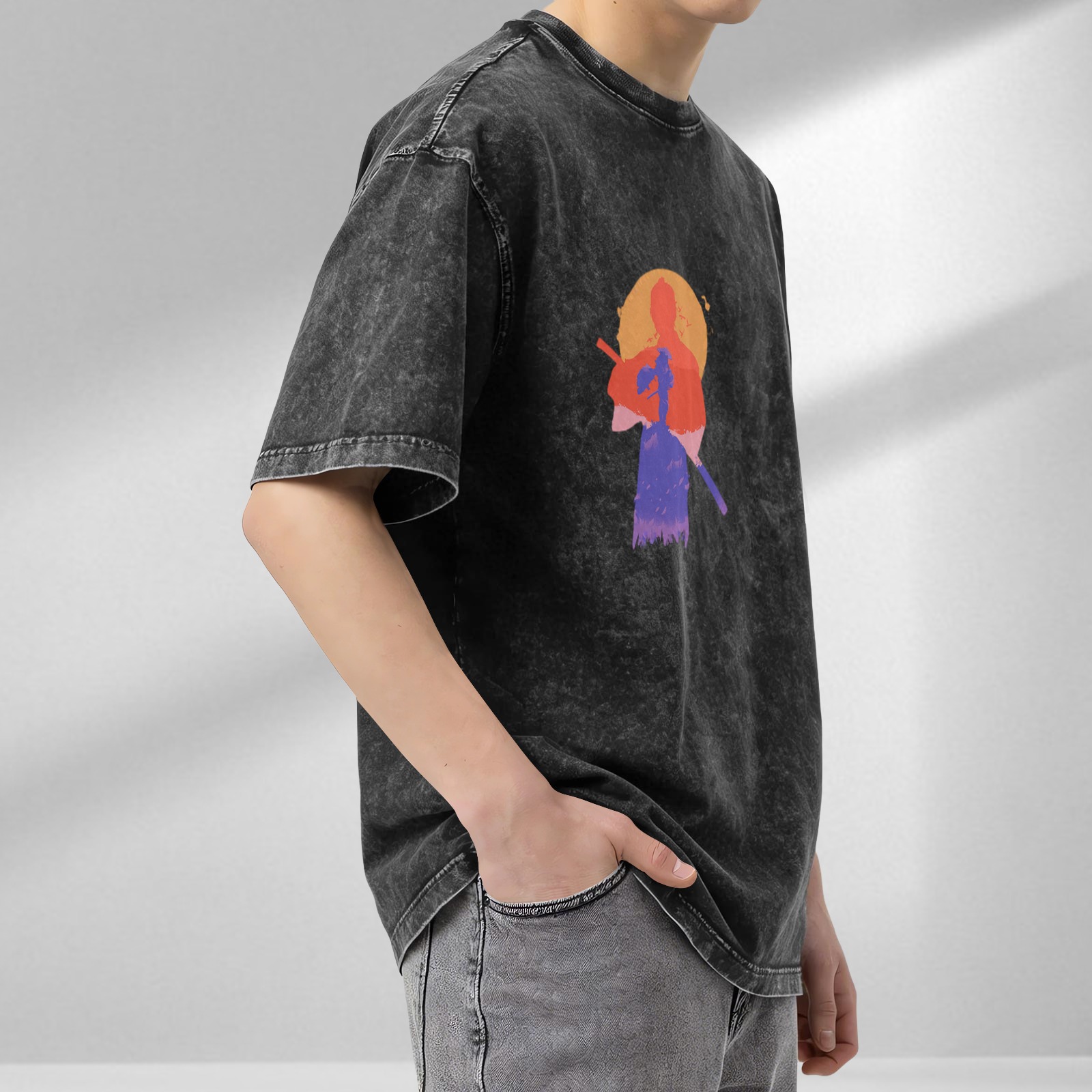 Washed black graphic t-shirt with samurai sunset silhouette print