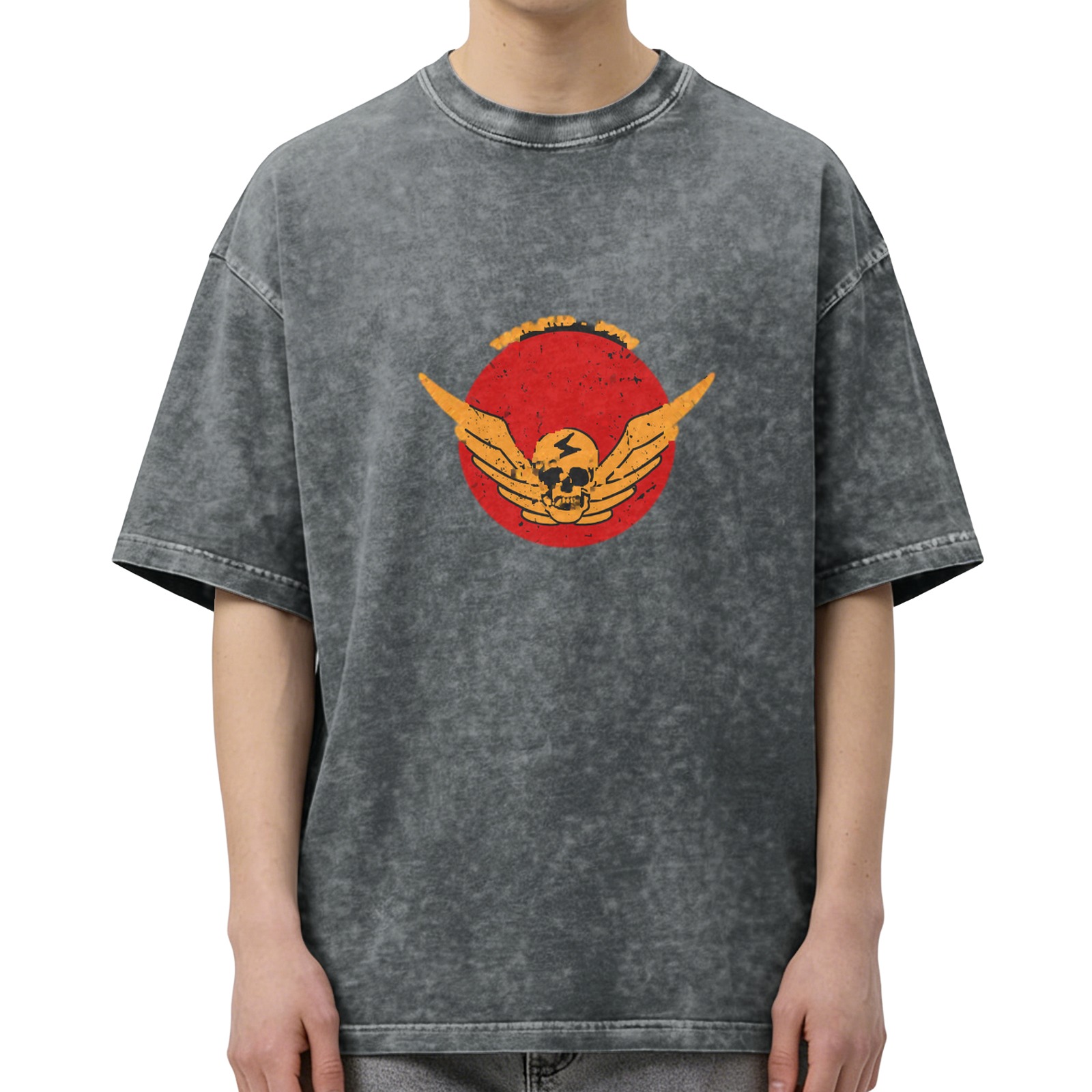 Washed Black Graphic T-Shirt with Winged Skull Red Circle Design