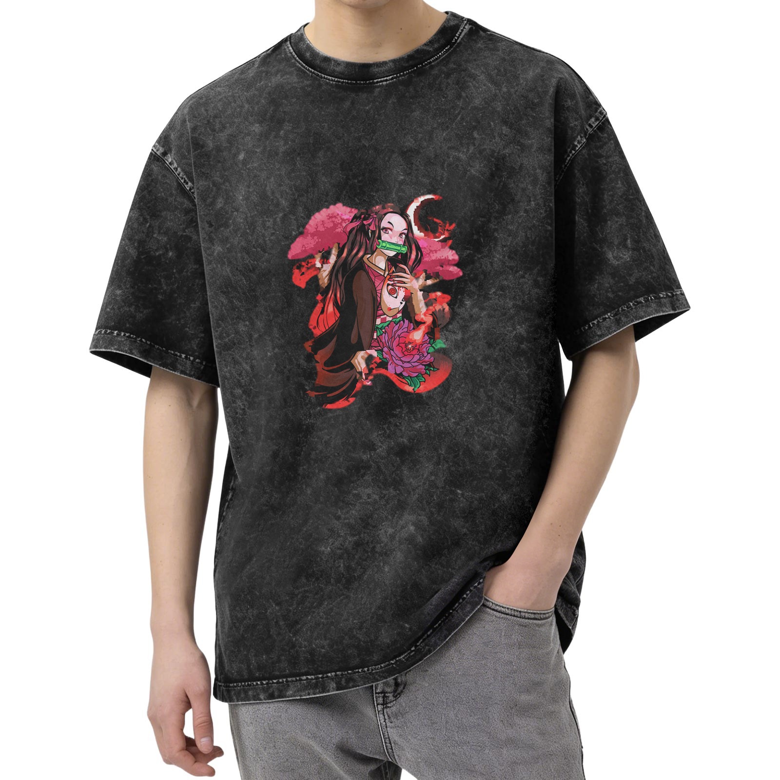 Anime Demon Slayer Nezuko Kamado Graphic Oversized Vintage Wash T-Shirt for Men