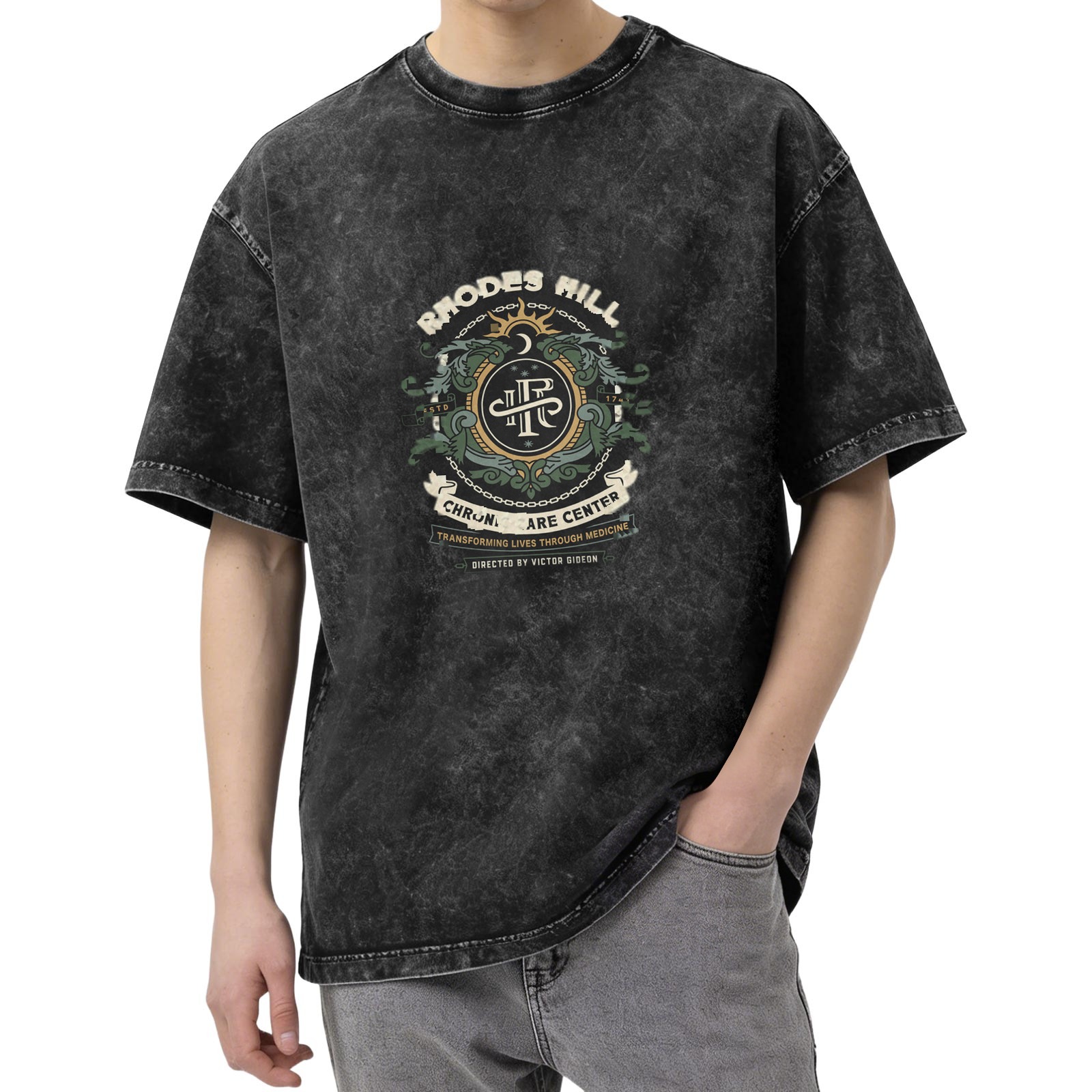 Vintage Acid Wash T-Shirt with Rhodes Hill Chronic Care Center Print