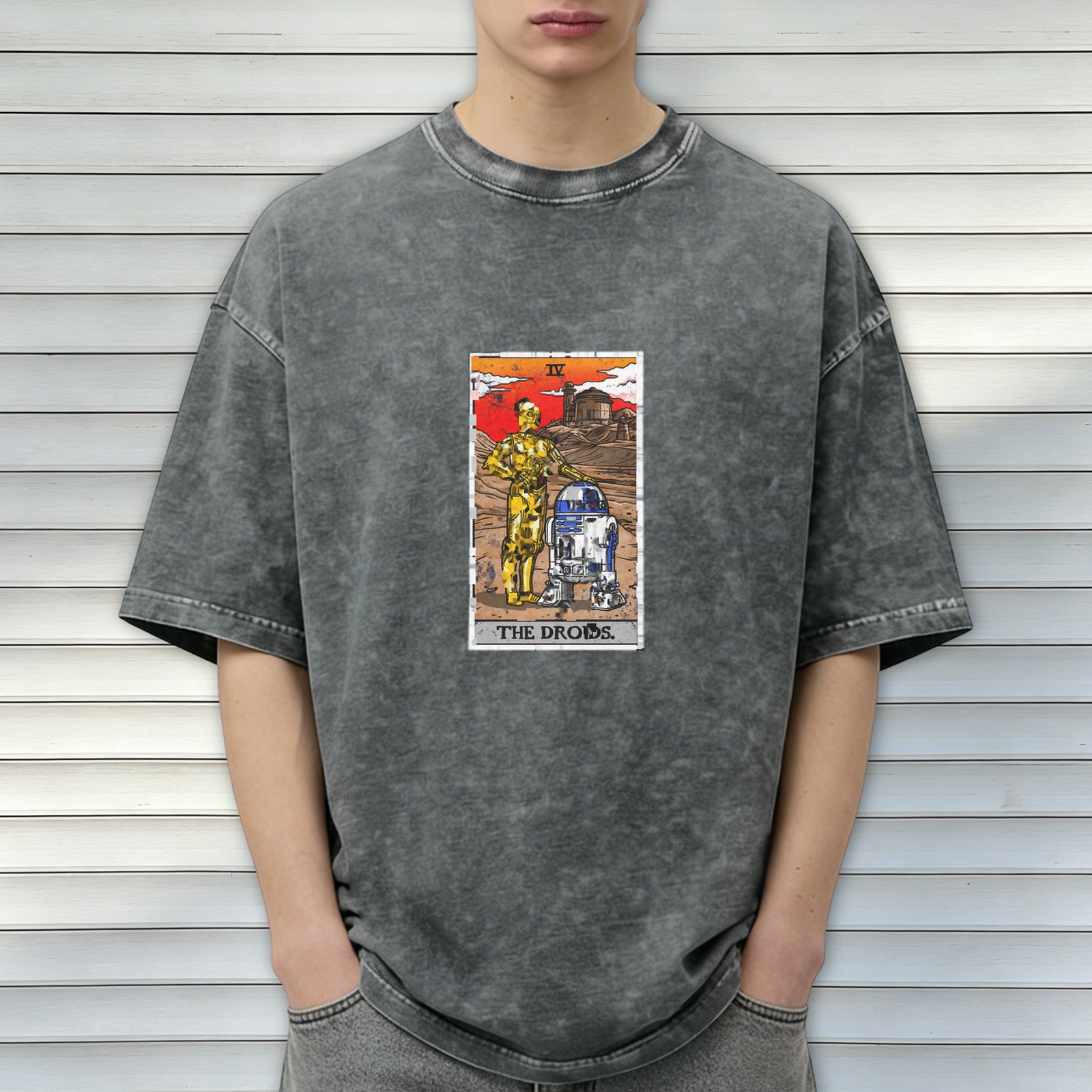 Star Wars The Droids Tarot Card Graphic Oversized Stone Wash T-Shirt