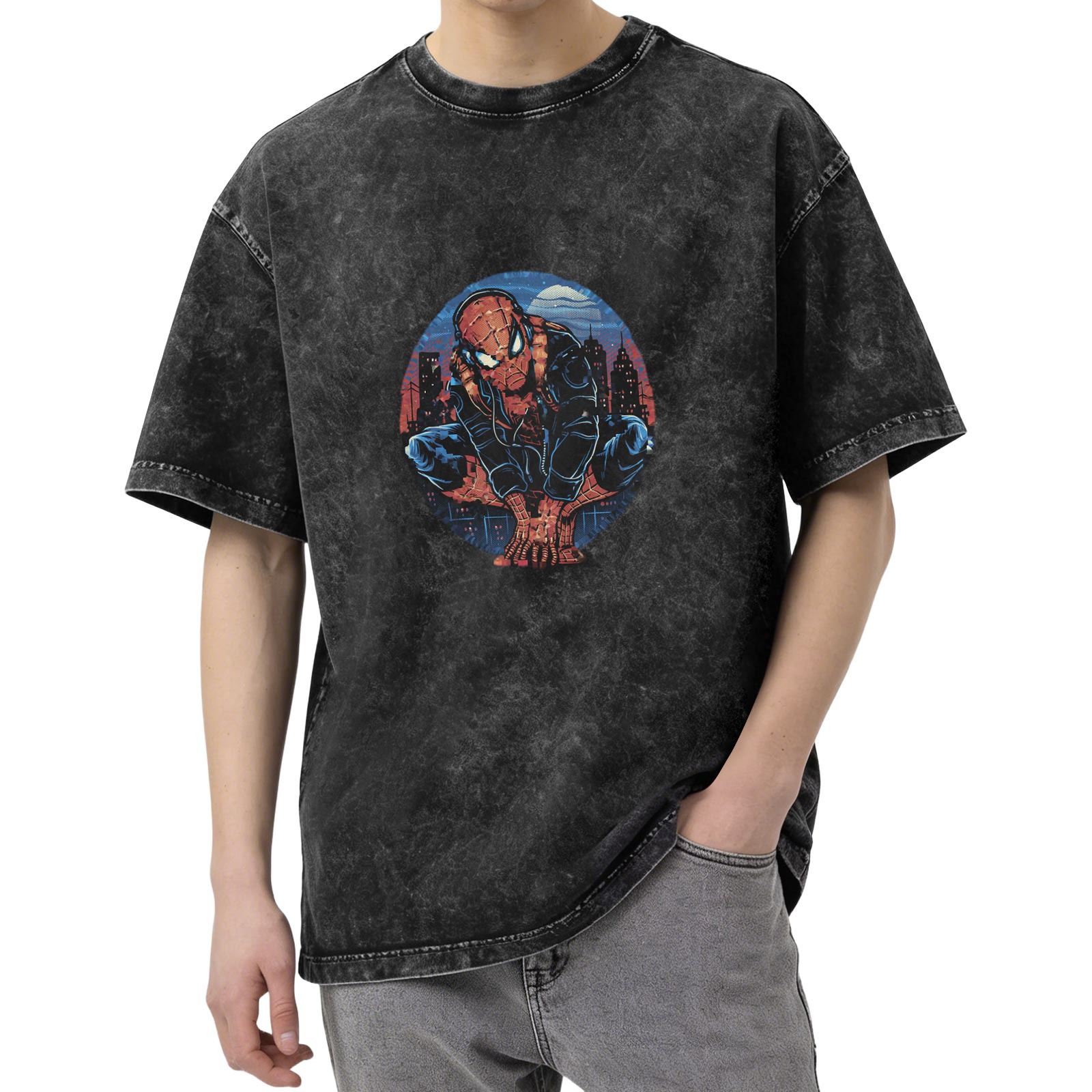 Oversized Acid Wash T-Shirt with Spider-Man Cityscape Graphic