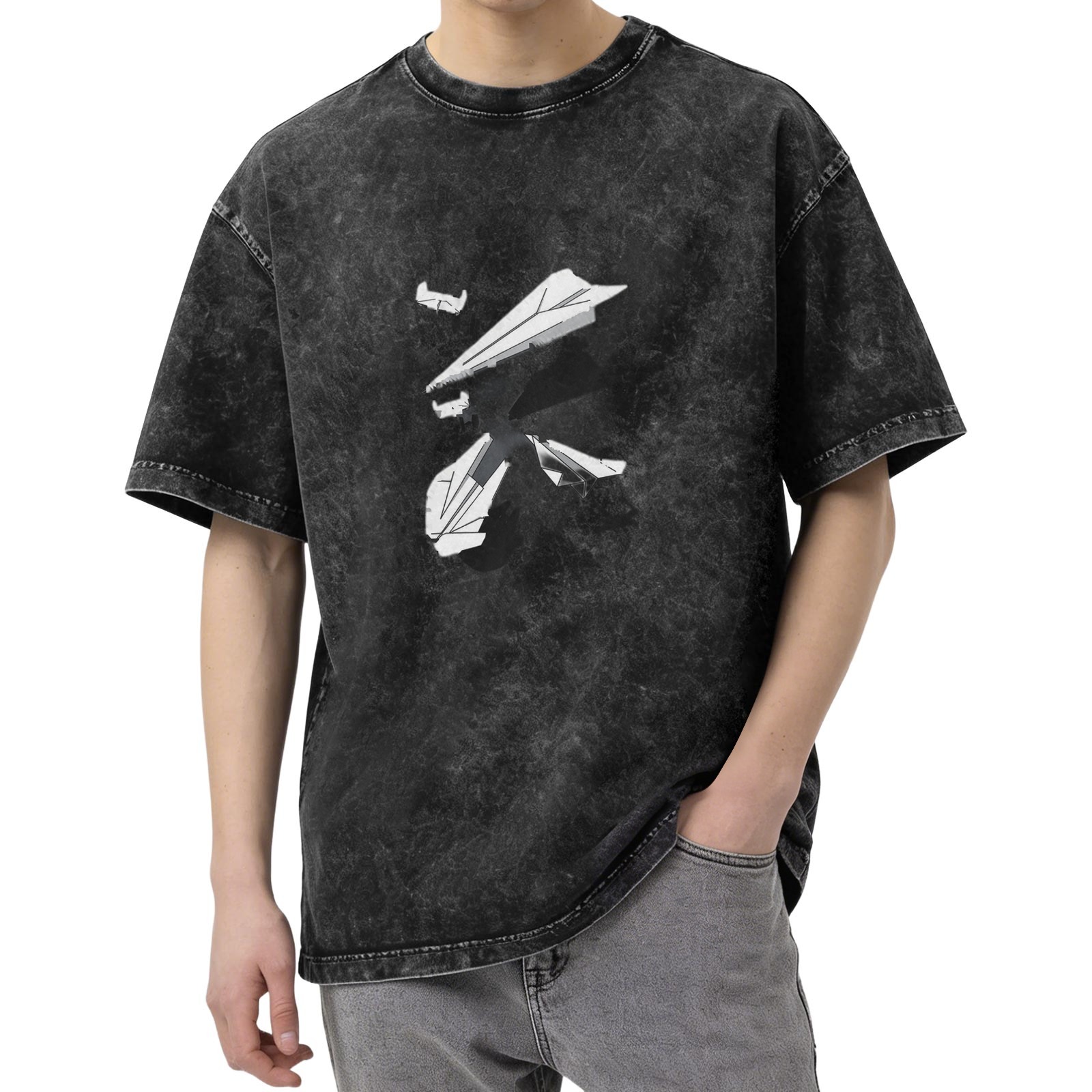 Oversized Acid Wash T-Shirt with Broken Paper Plane Graphic Print