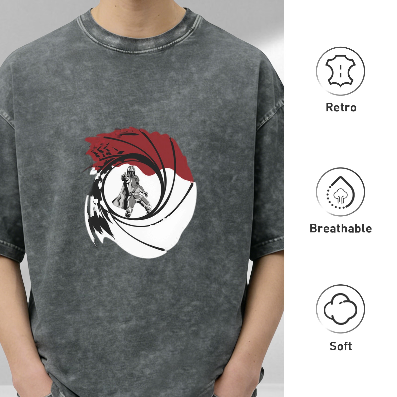 Distressed black round neck short-sleeved T-shirt with secret agent theme gun barrel pattern print