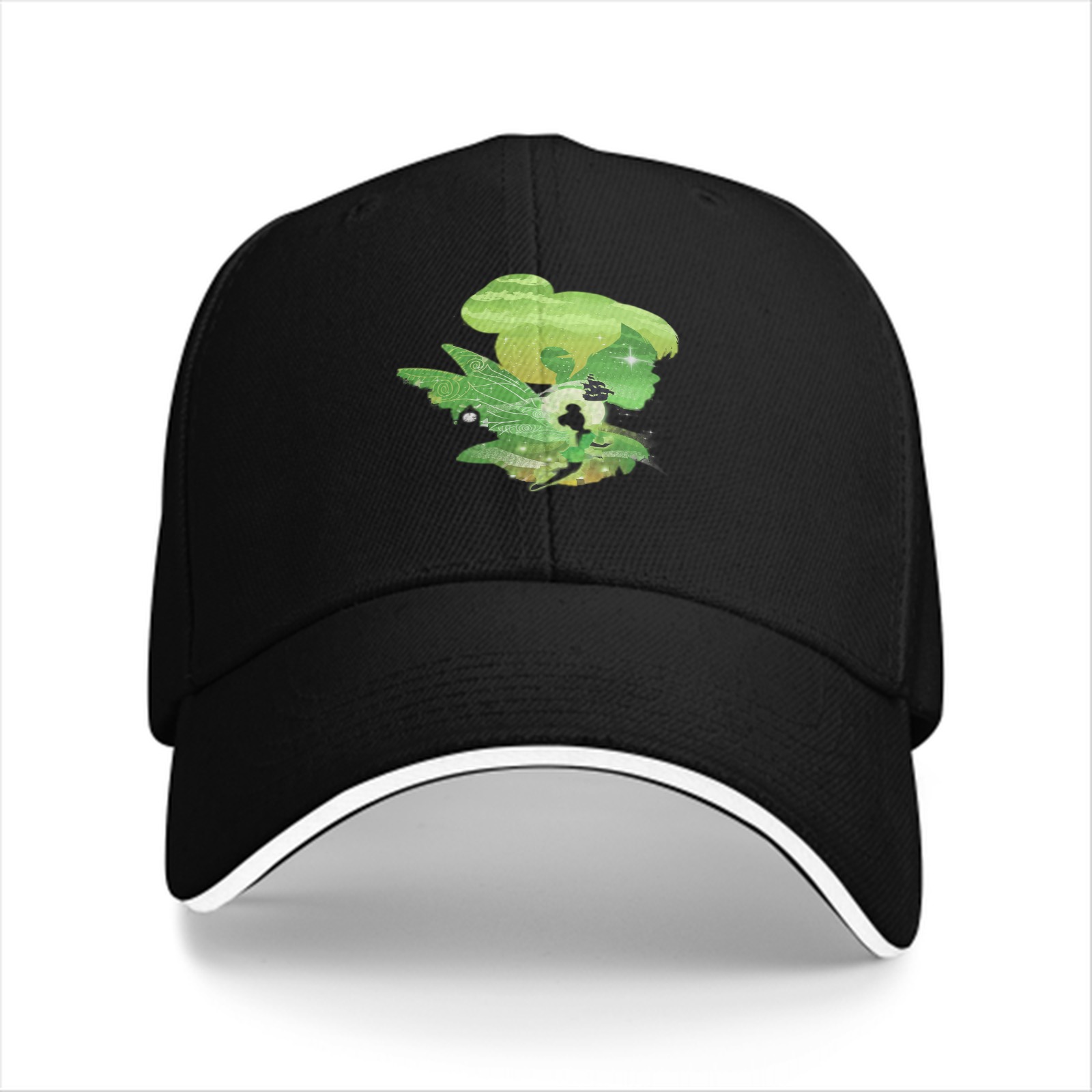 Black Baseball Cap With Green Fairy Silhouette Graphic
