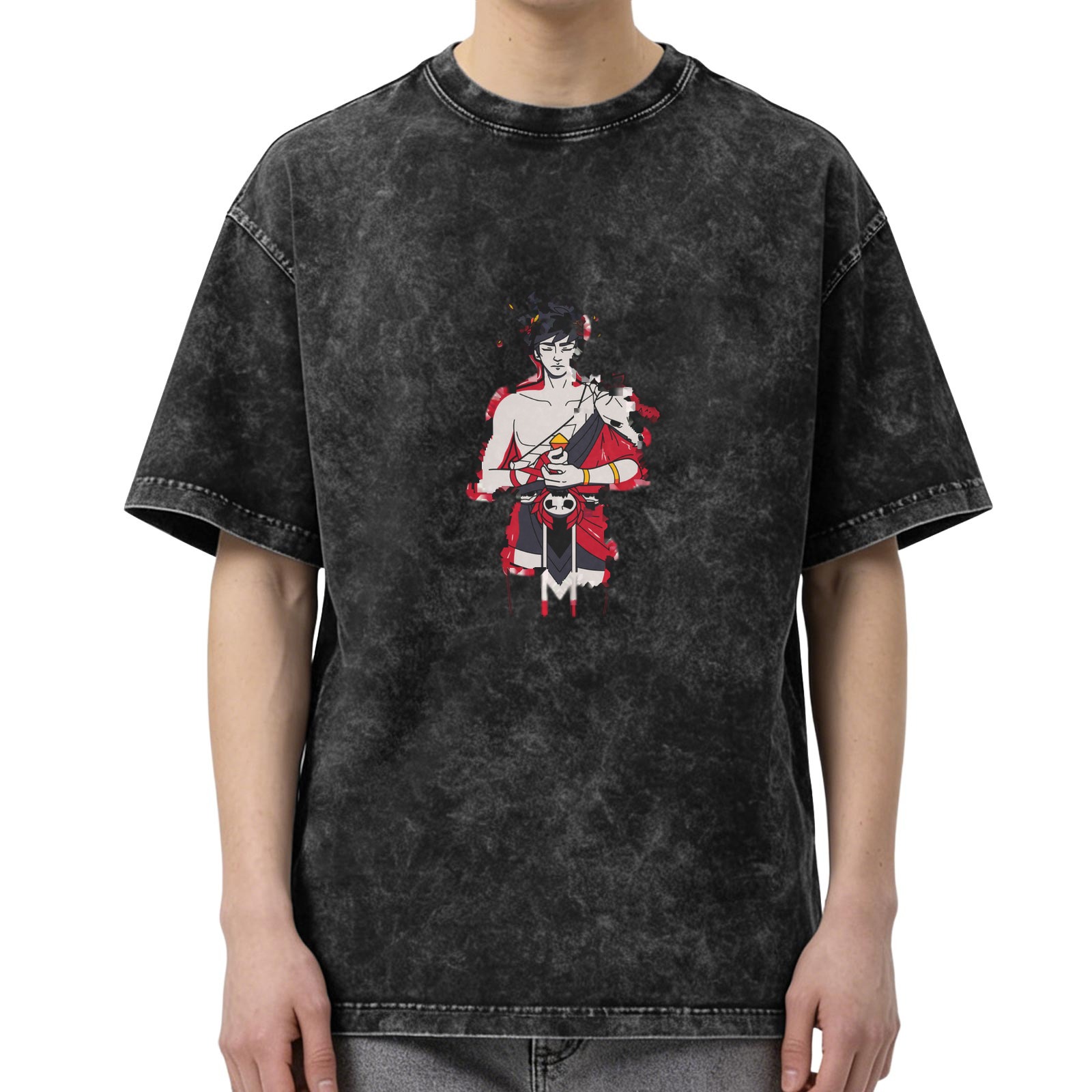 Oversized Washed Black T-Shirt With Mythological Character Graphic Print