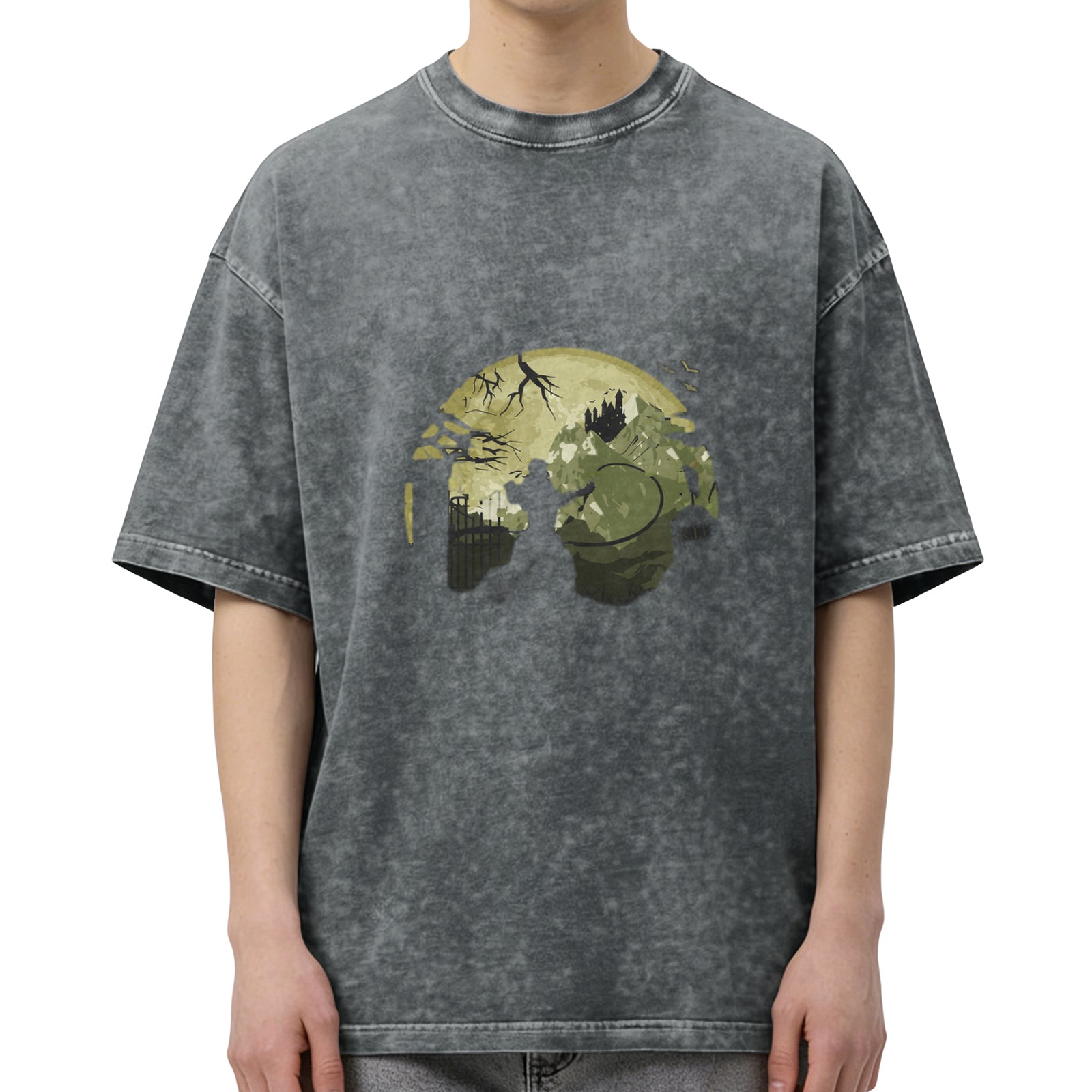 Oversized Stonewashed T-Shirt with Gothic Moon Castle Silhouette Graphic