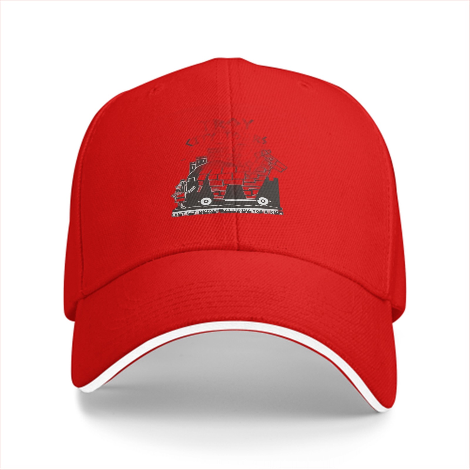 Black baseball cap with monochrome graphic print on front