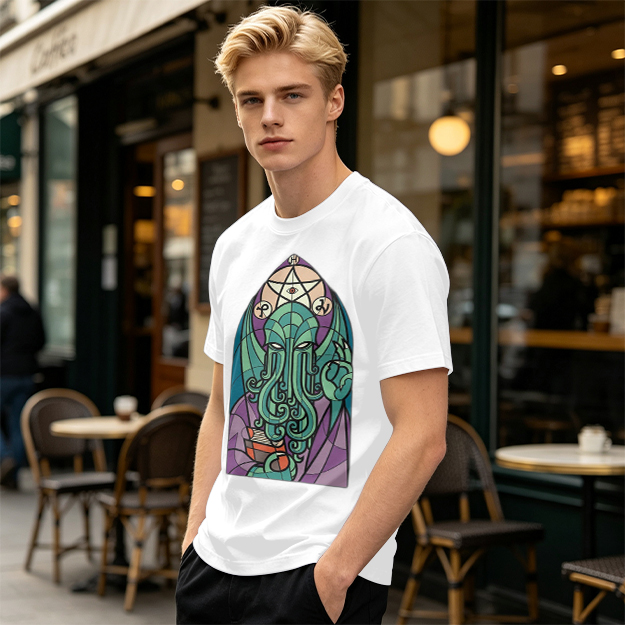 Olive T-Shirt with Stained Glass Style Cthulhu Occult Print