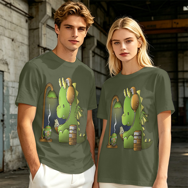 Olive T-Shirt with Cute Dragon Reading and Wearing Headphones