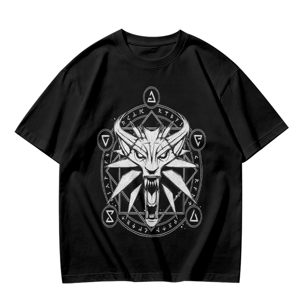 Olive T-Shirt With Witcher Wolf Medallion Magic Circle Print