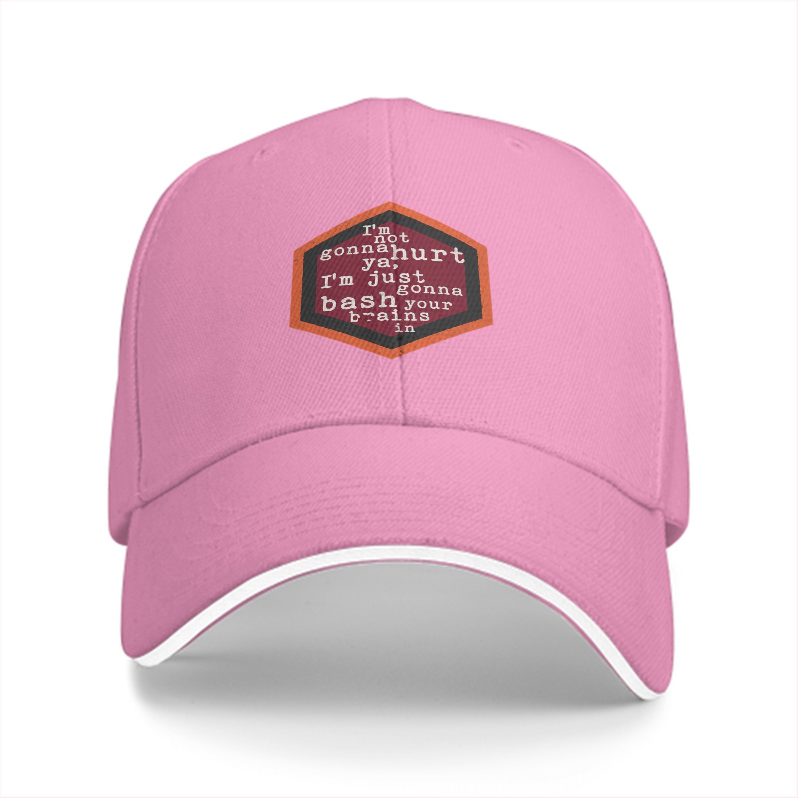 Black baseball cap with humorous hexagon text graphic
