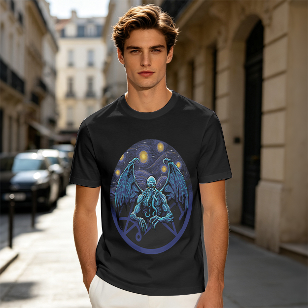 Olive T-Shirt with Cthulhu Starry Night Graphic Print