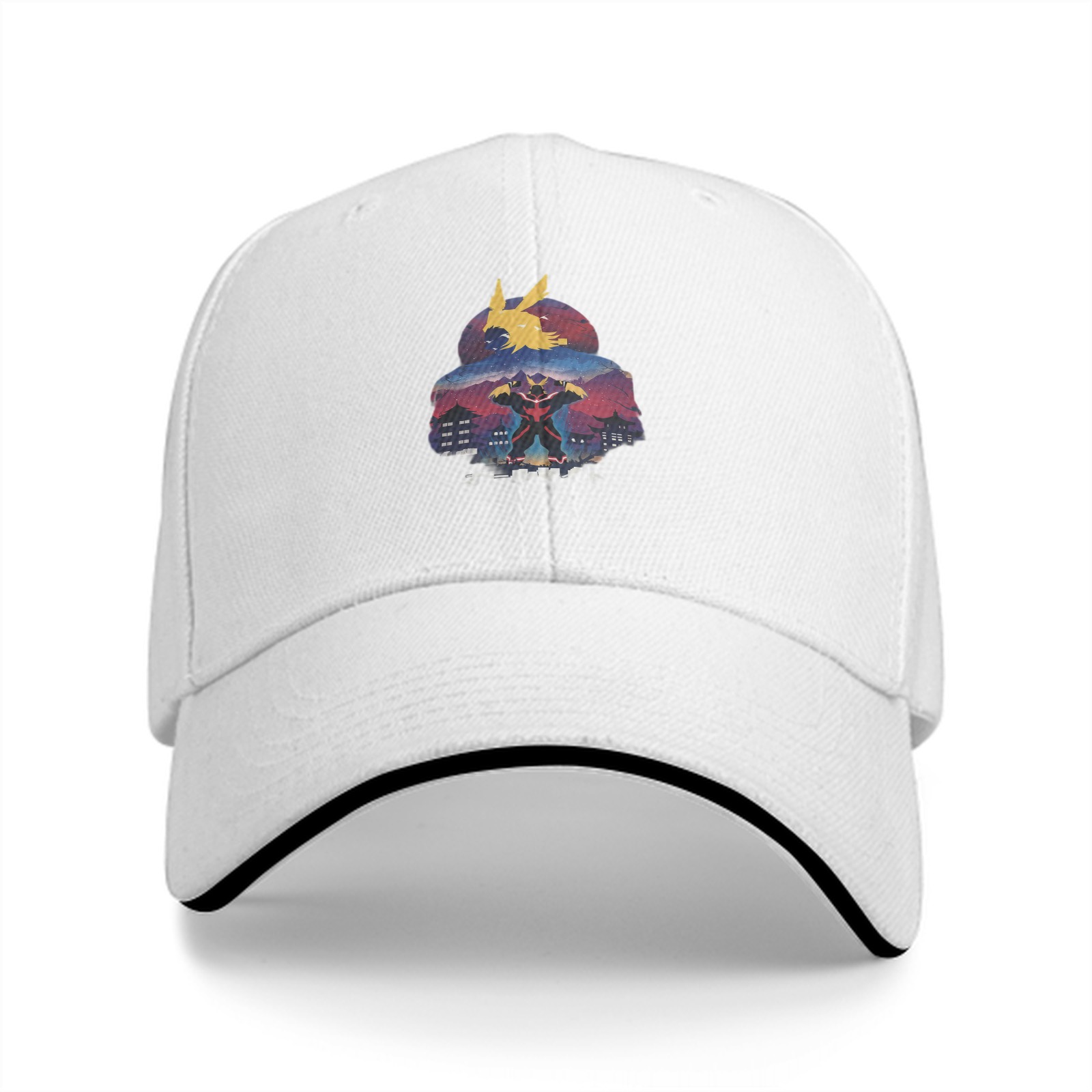 Black baseball cap with anime hero graphic print