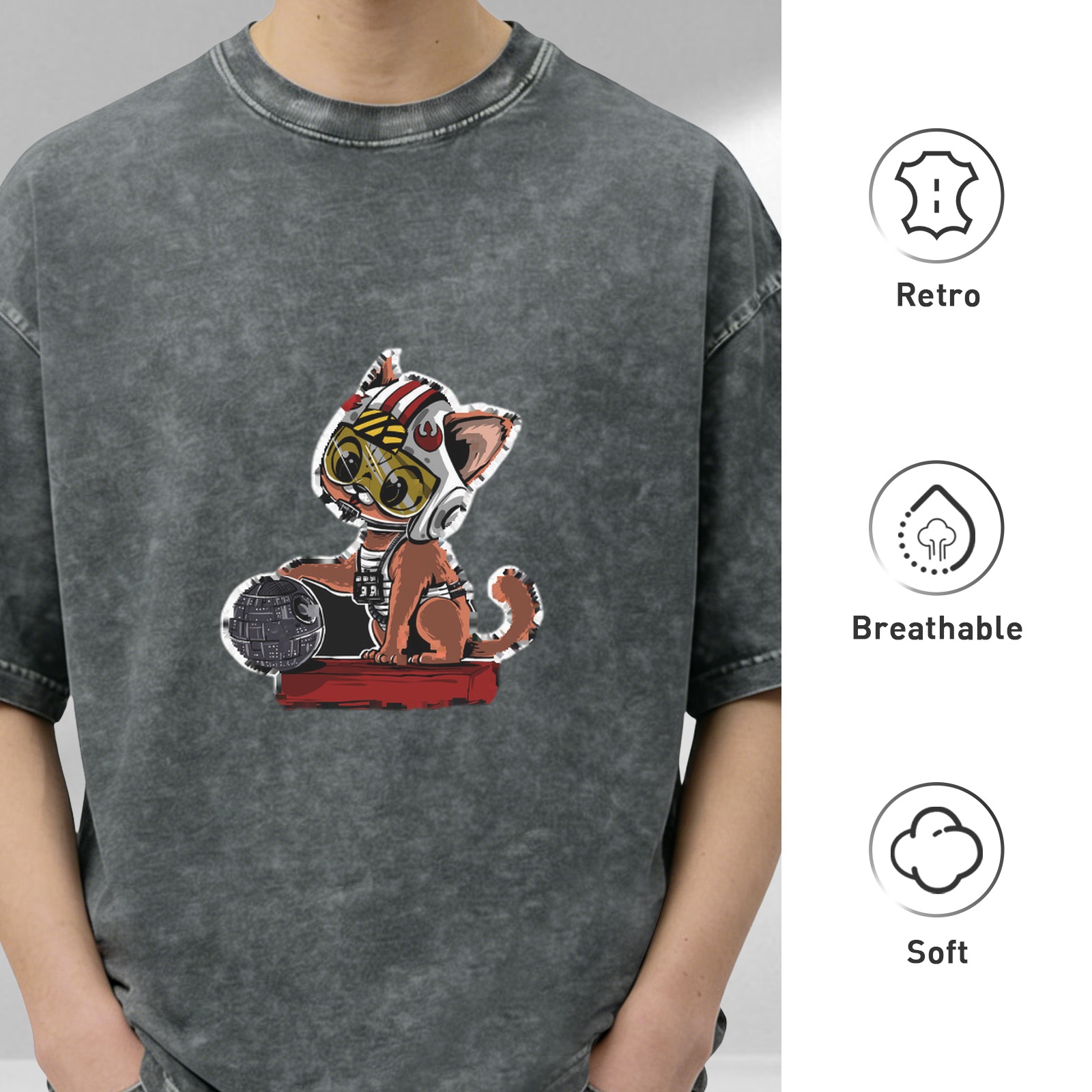 Oversized Washed Black T-Shirt with Cartoon Rebel Pilot Cat Graphic