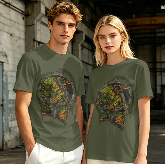 Olive Green T-Shirt With Ninja Turtle Porthole Graphic