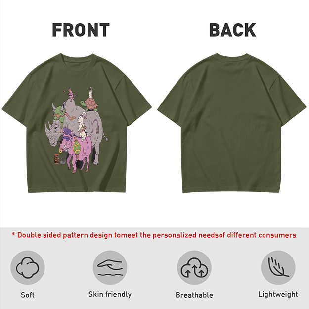Olive T-Shirt With Whimsical Fantasy Animal Group Print