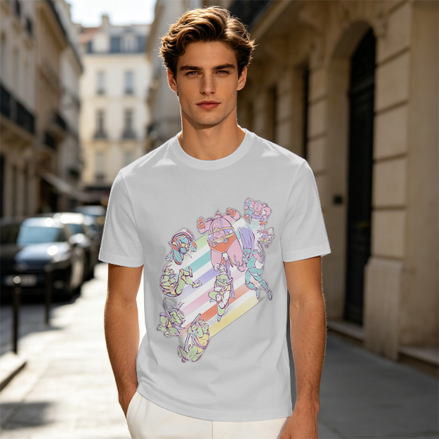 Olive Green T-Shirt With Pastel Whimsical Character Art Print
