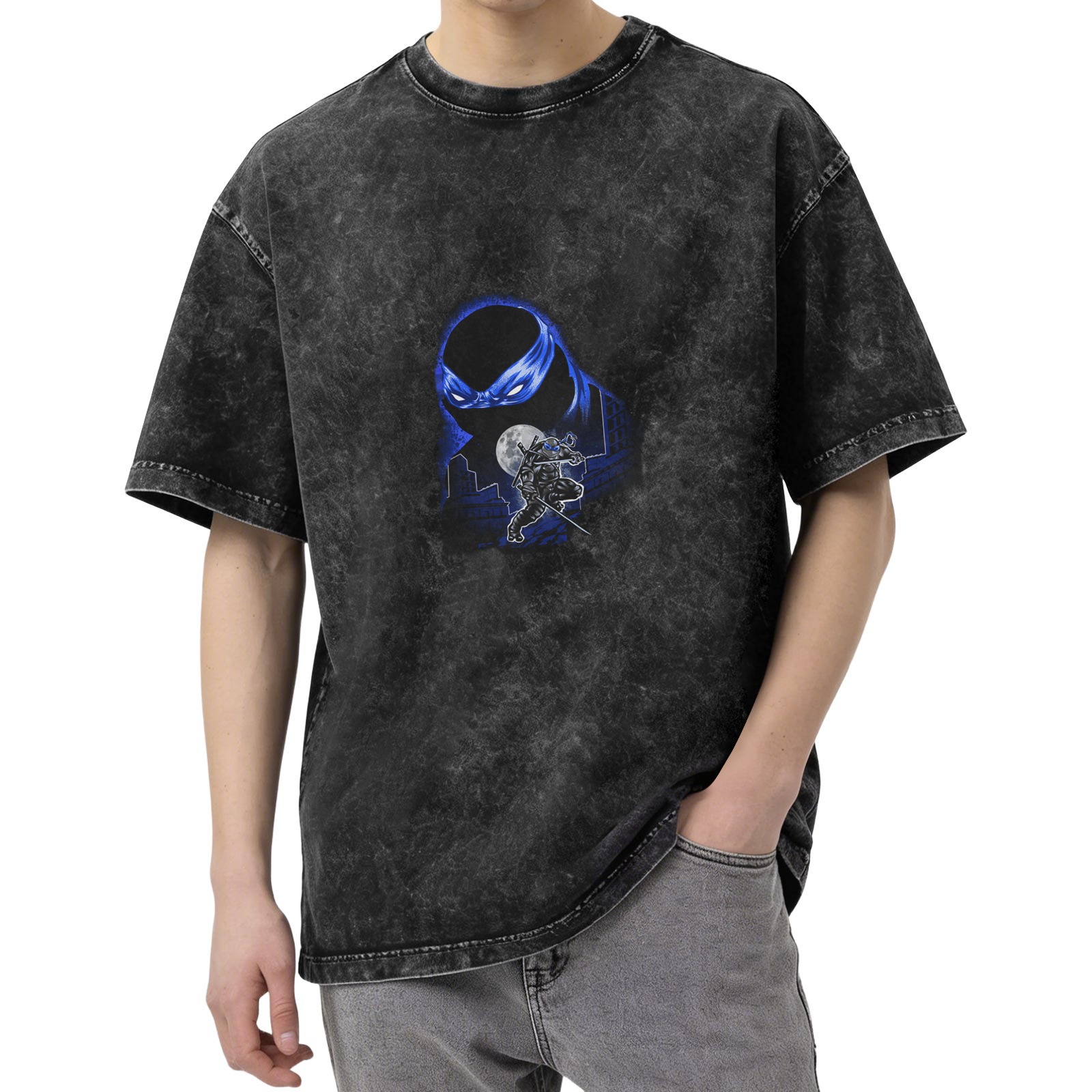 Washed Black Oversized T-Shirt with Blue Ninja Turtle Graphic