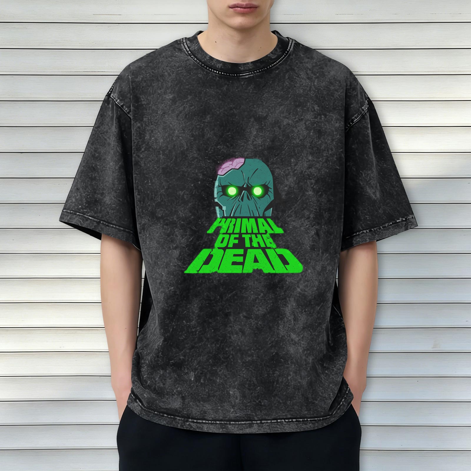 acid wash black t-shirt with primal of the dead zombie skull graphic