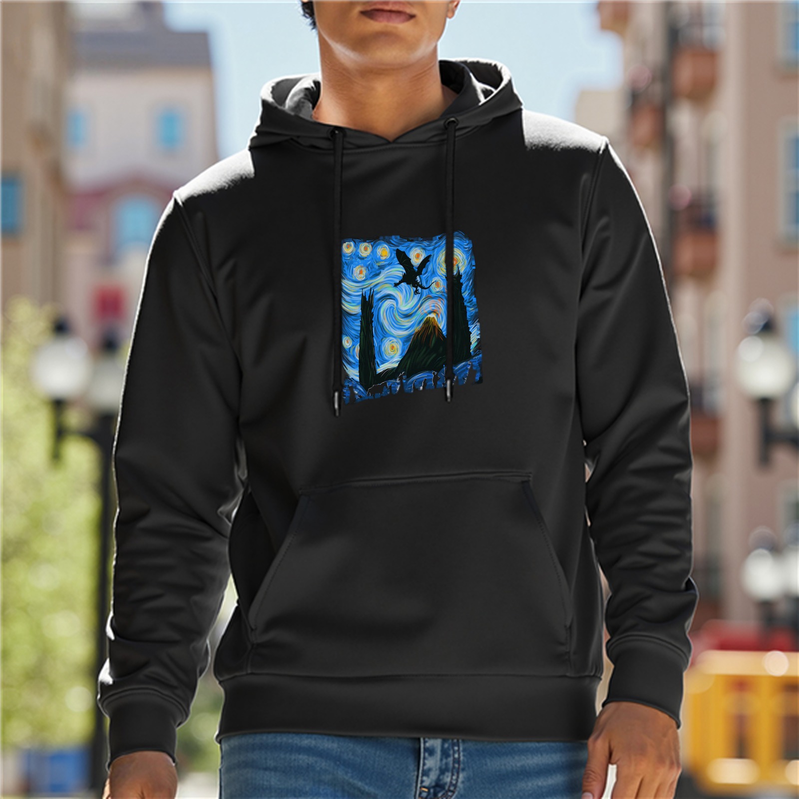 Black hoodie with Starry Night style fantasy landscape print
