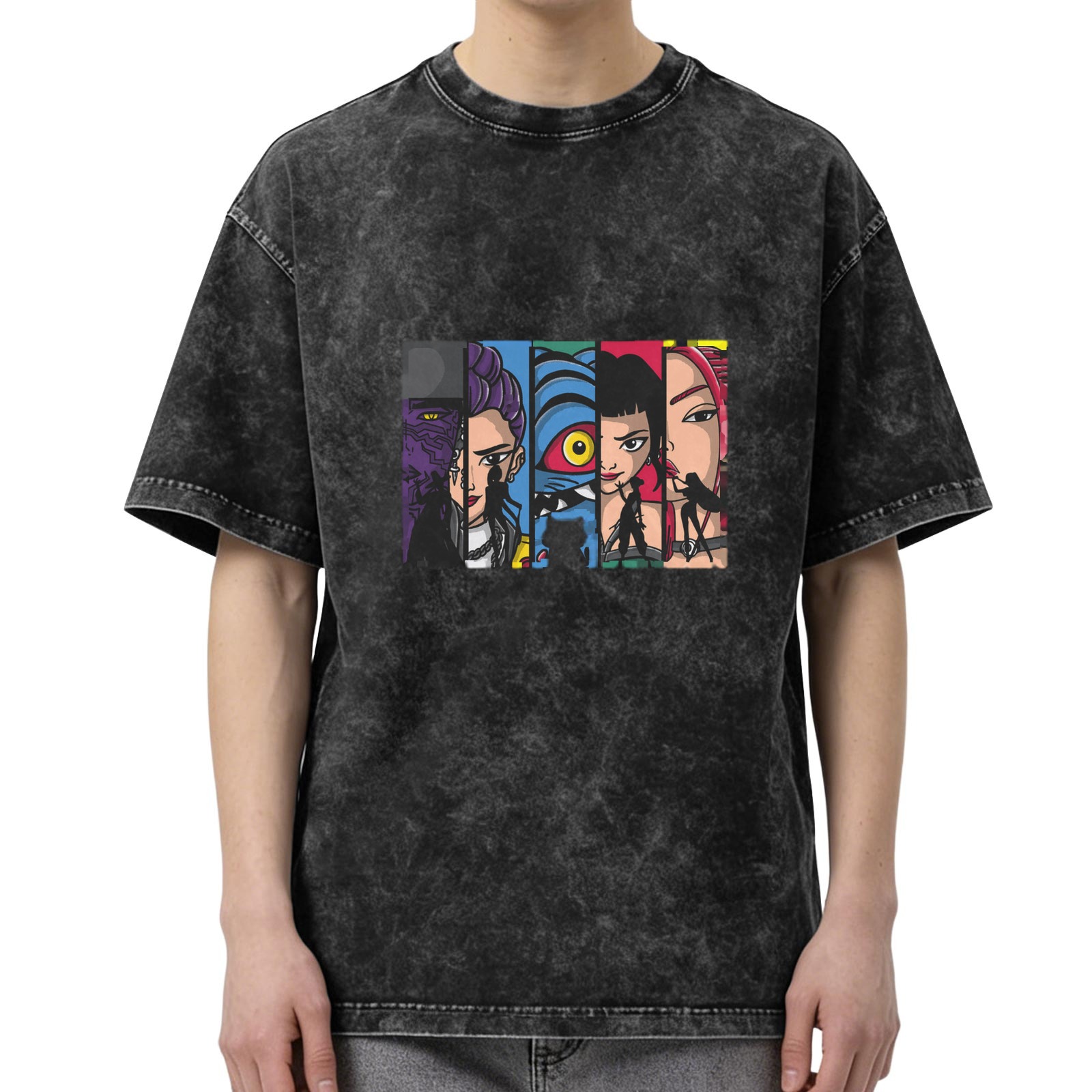 Oversized Acid Wash T-Shirt With Comic Style Character Art Print