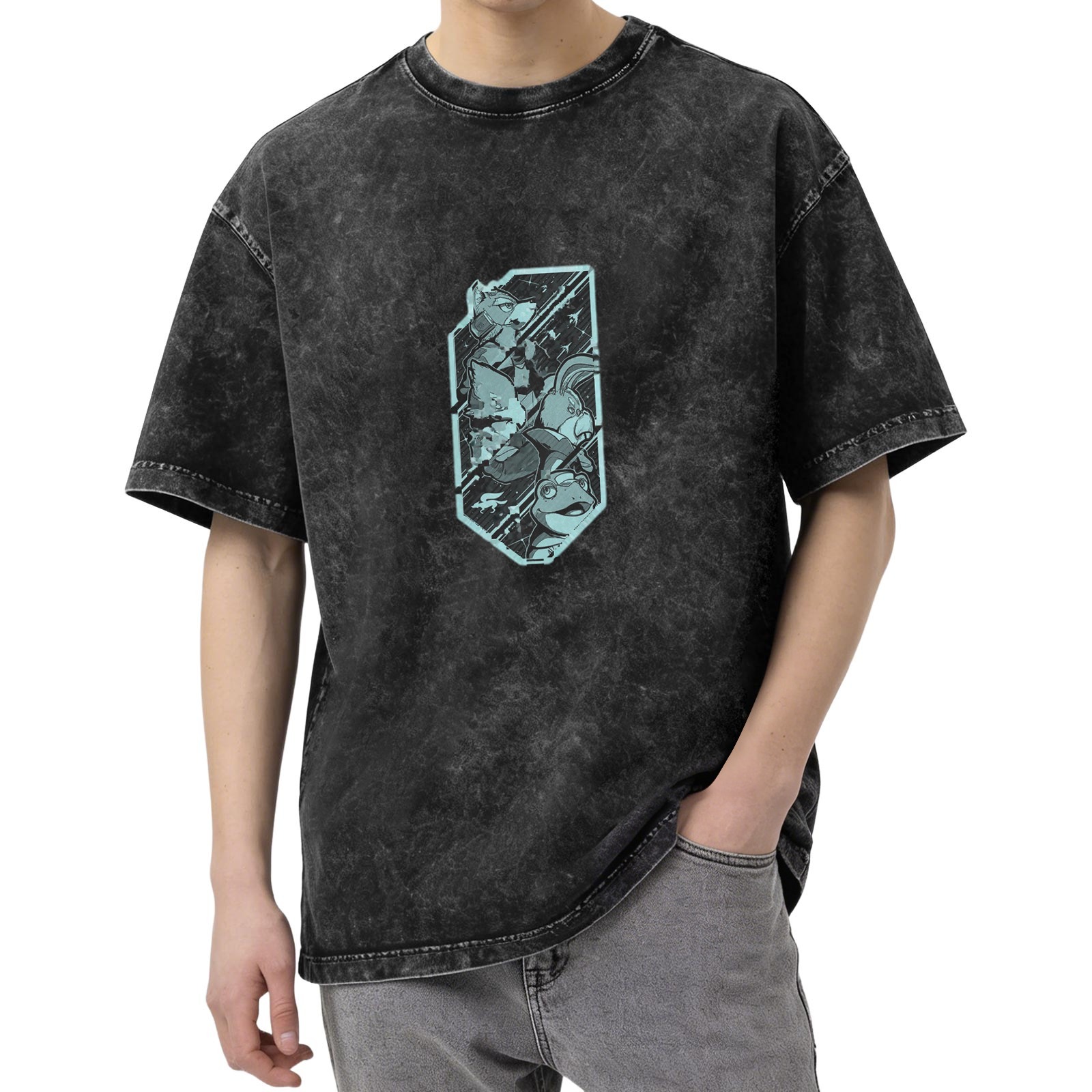 Washed Black Oversized T-Shirt With Teal Cartoon Character Graphic