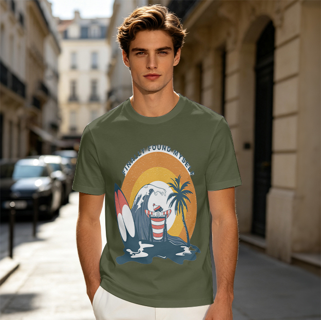 Olive Graphic T-Shirt with Sunset Surf Palm Tree Beach Design