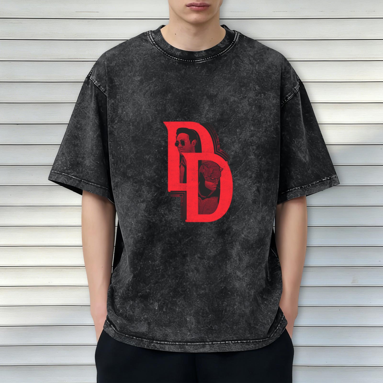 Washed Black T-Shirt with Daredevil DD Logo Graphic