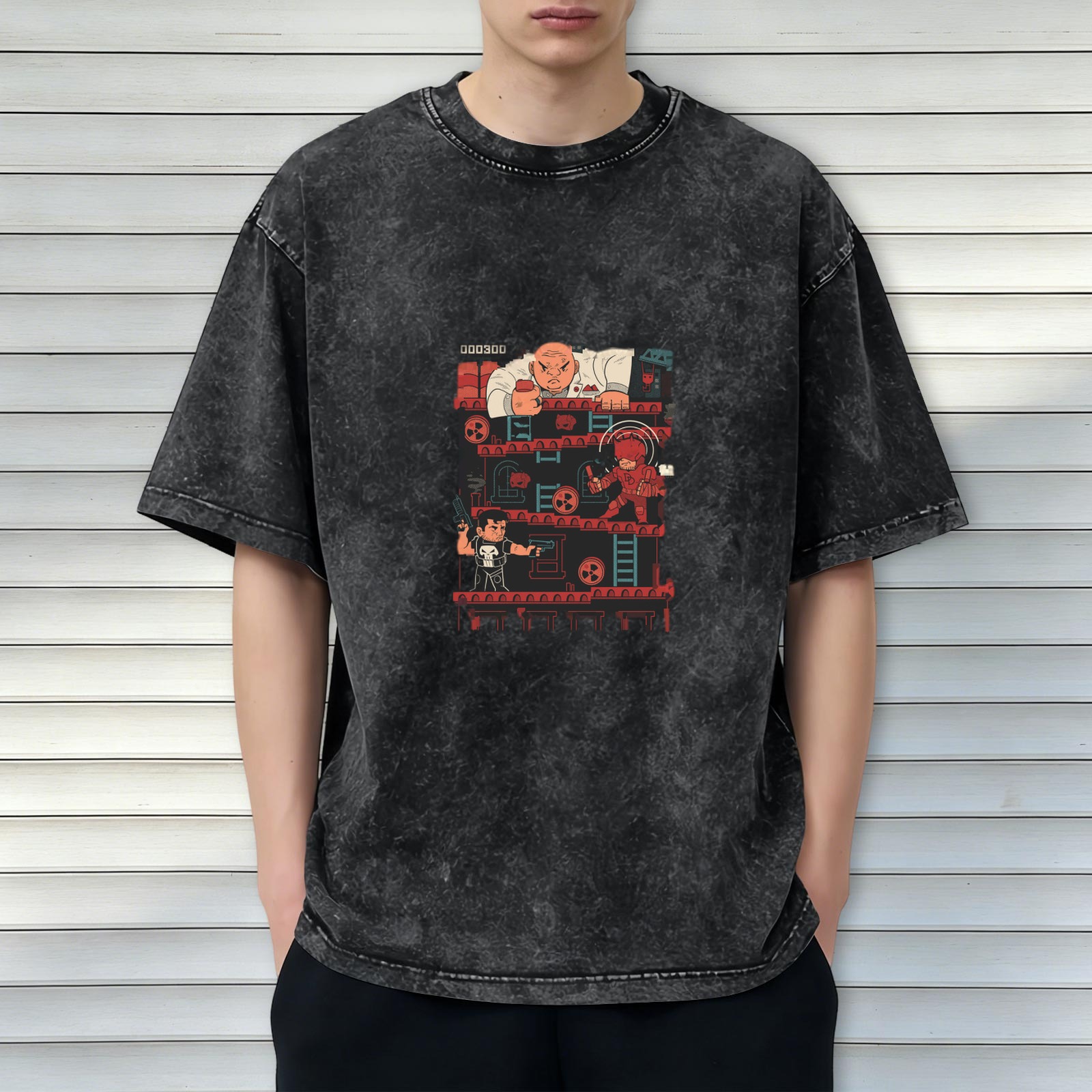Marvel Superhero Retro Arcade Game Graphic Acid Wash T-Shirt