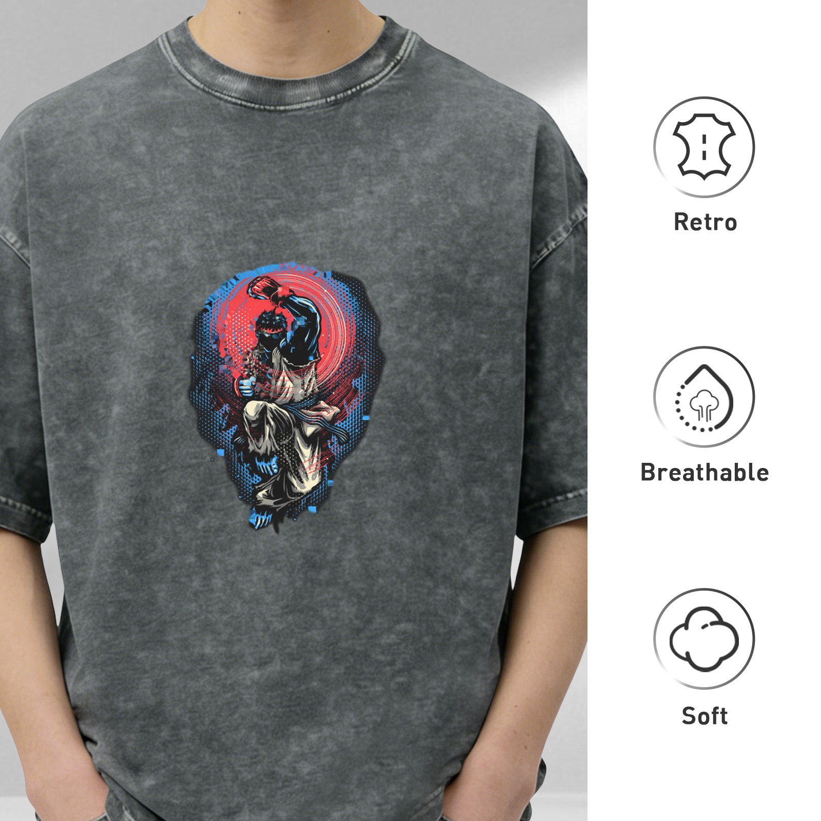 Oversized Acid Wash T-Shirt With Martial Artist Fighter Graphic