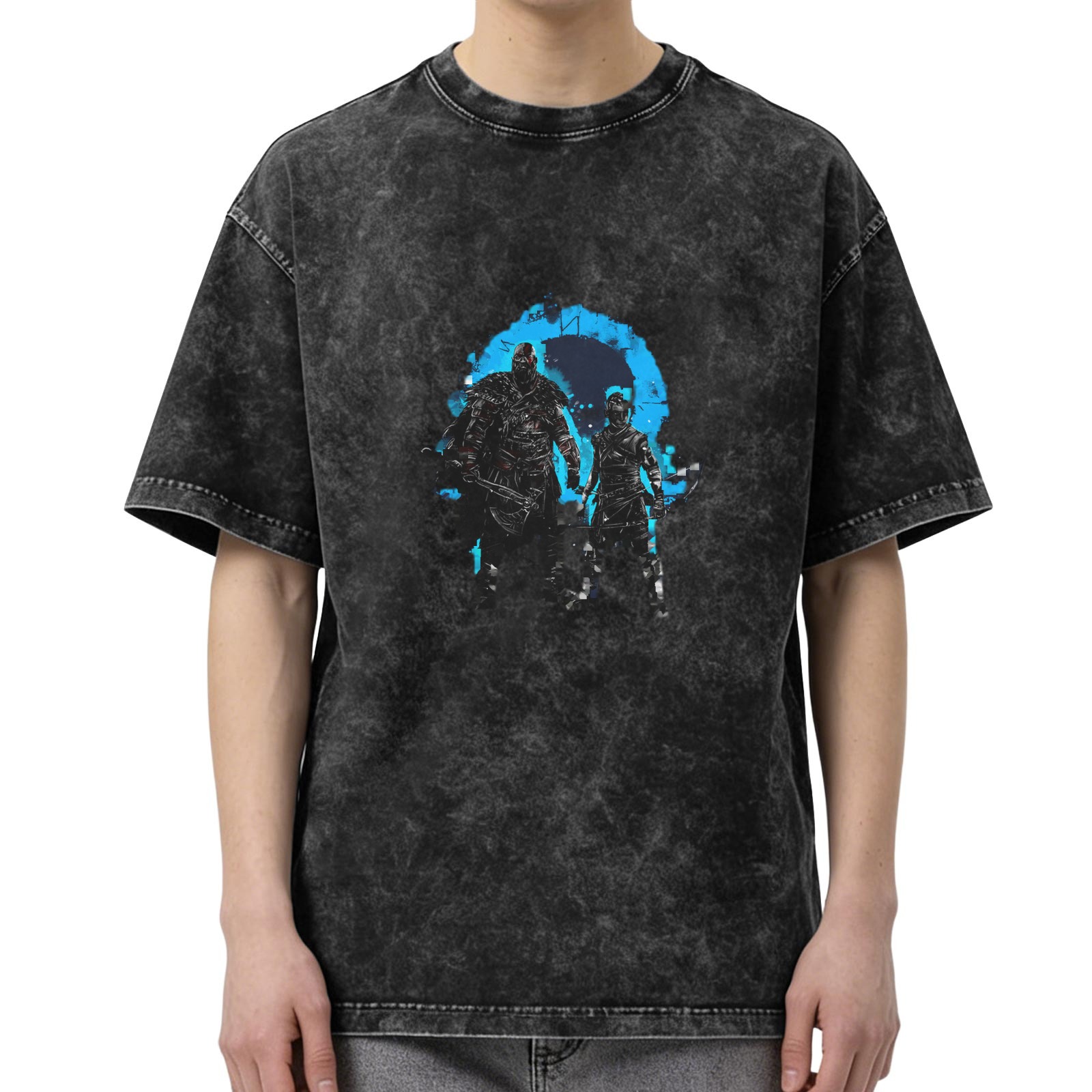 Washed Black Graphic T-Shirt with Fantasy Warrior Characters