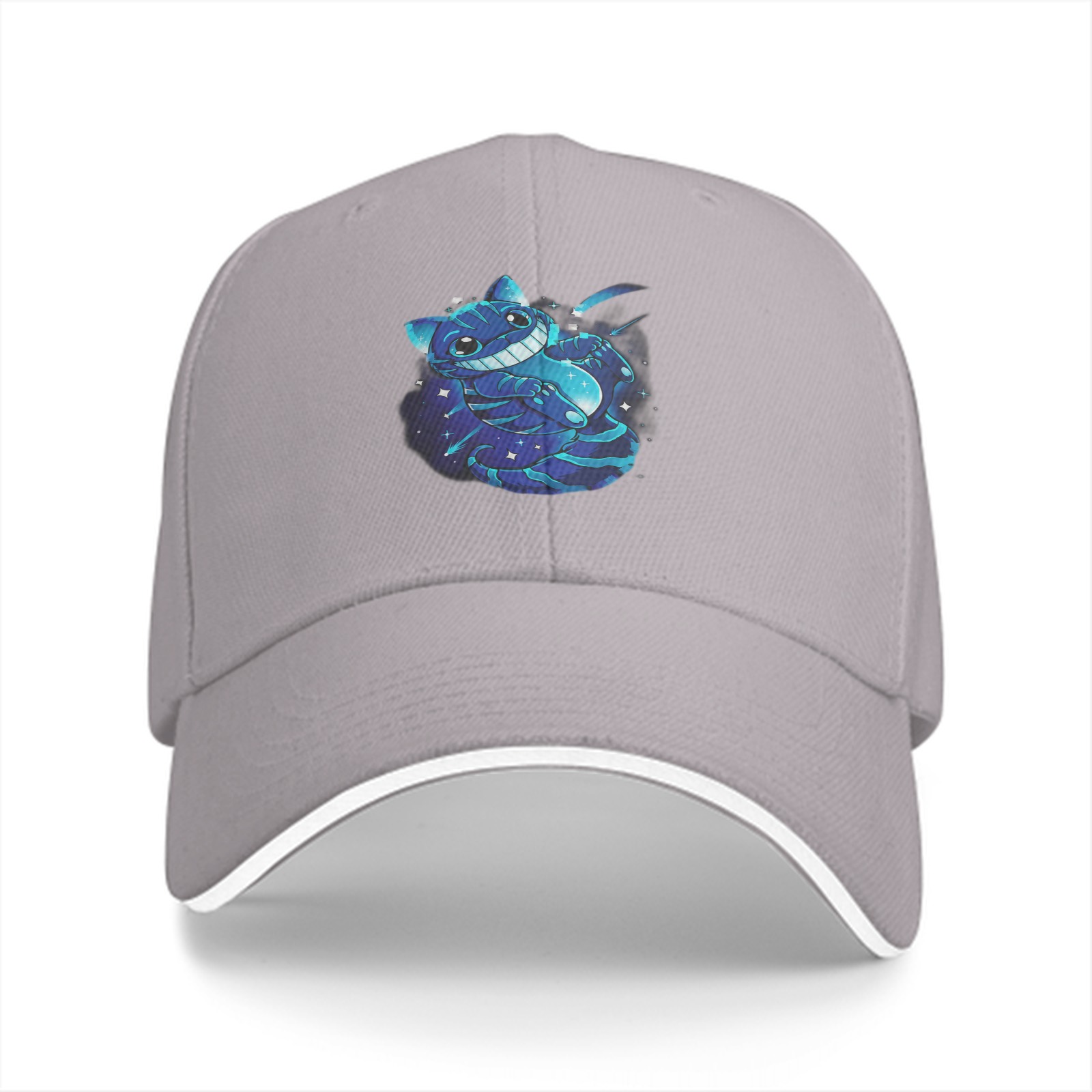 Black baseball cap with glowing Cheshire cat space graphic