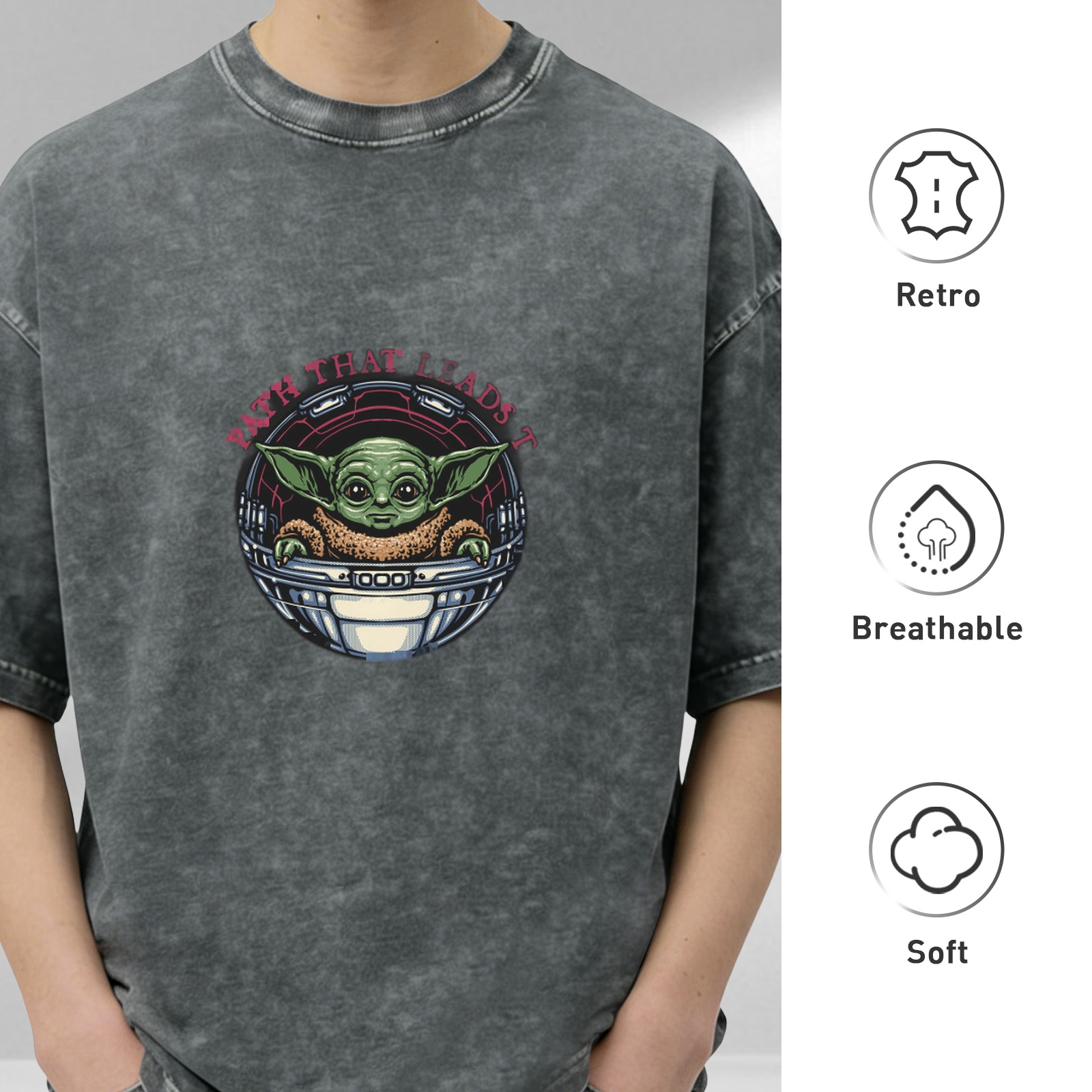 Washed graphic t-shirt with Baby Yoda in pod and path text
