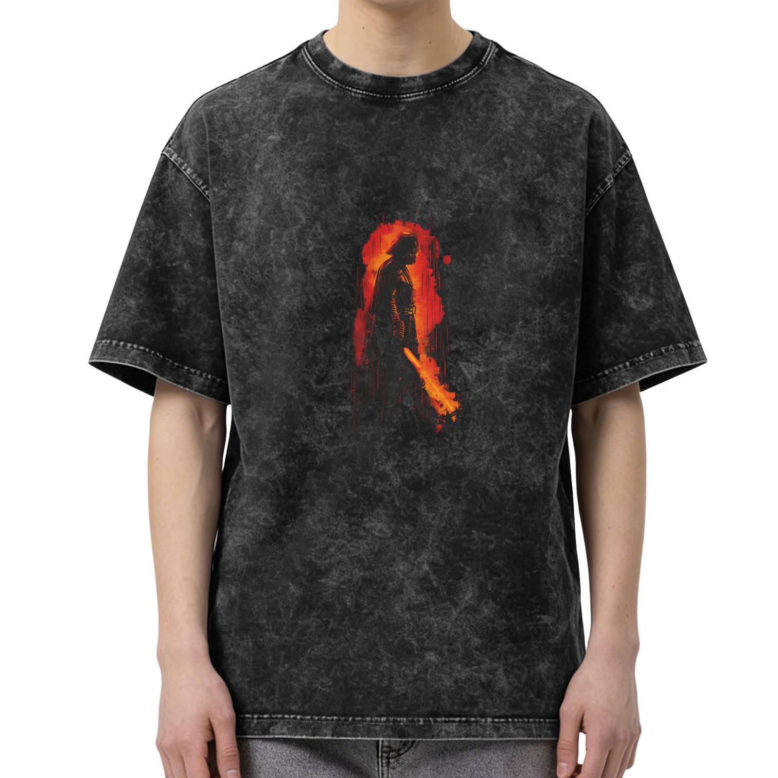 Washed black graphic t-shirt with fiery warrior silhouette print