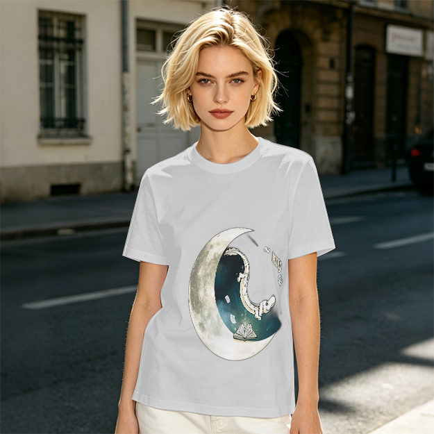 Olive T-shirt with Crescent Moon Galaxy Astronaut Graphic