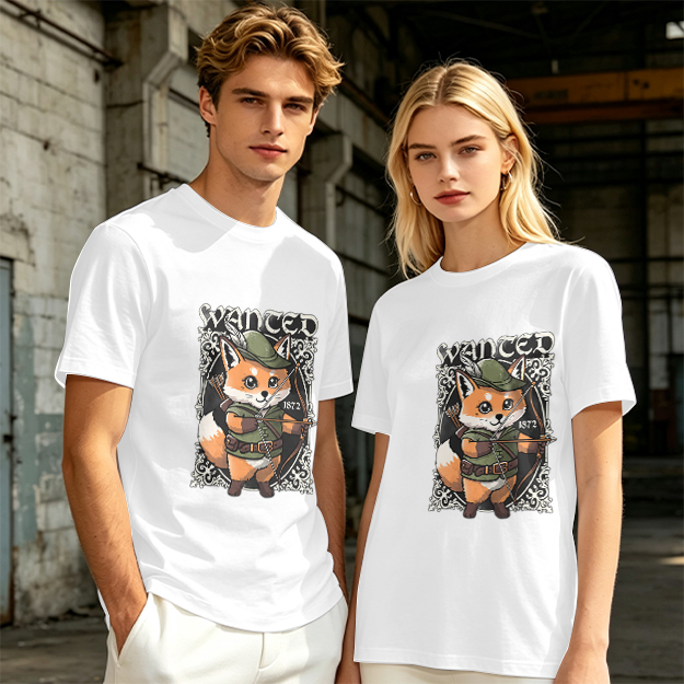 Olive green t-shirt with cute fox archer 'WANTED' graphic