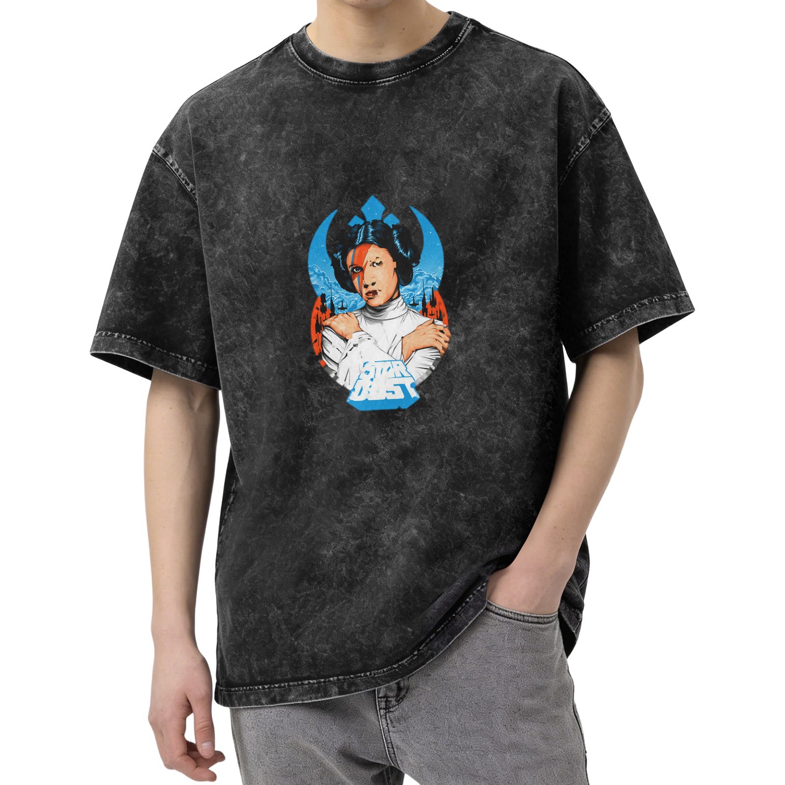 Washed Black T-Shirt with Princess Leia David Bowie Mashup Graphic