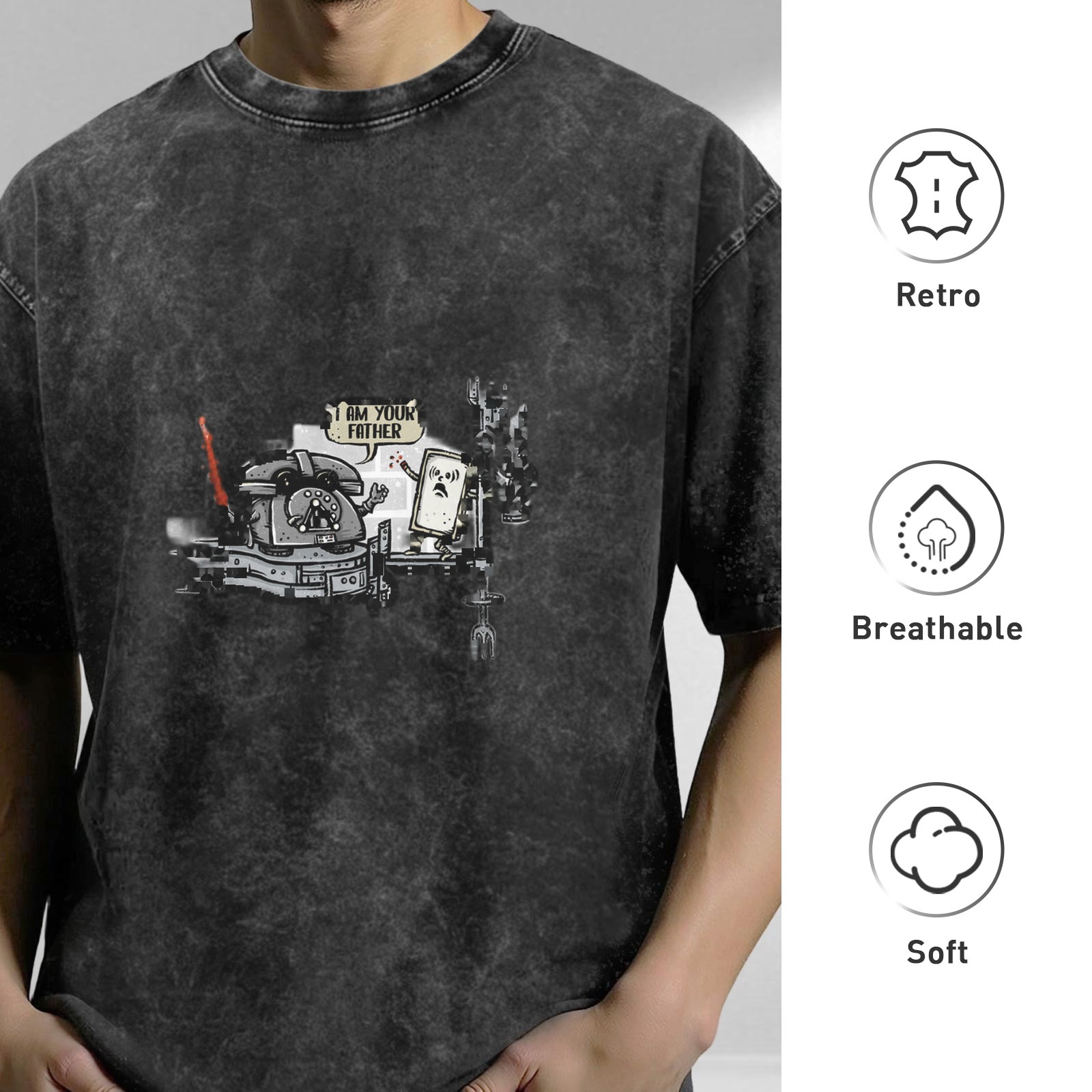 Washed Black T-Shirt With Retro Phone I Am Your Father Graphic